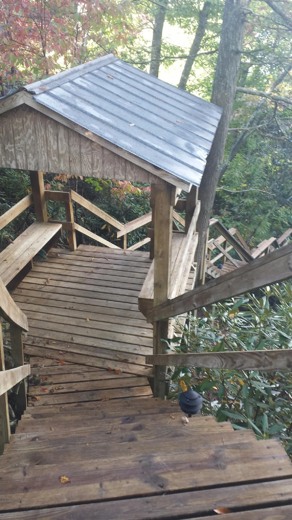 Metal roofed shelter over wooden steps on a wooded walkway — Skylight Repair & Installation work by our crew in Tomball